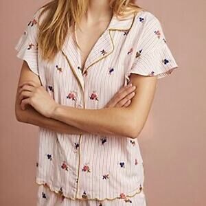 Anthropologie Pure + Good Floral Embroidered Striped Pajama Shirt Small